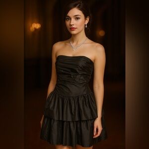 Strapless Black Ruched Cocktail Dress with Bow – Size 7/8